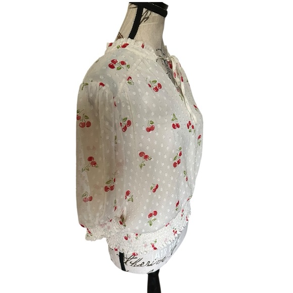 Joie Cherry Print Swiss Dot Peasant Blouse L Sheer Smocked Waist Cottage Flirty - Picture 4 of 16